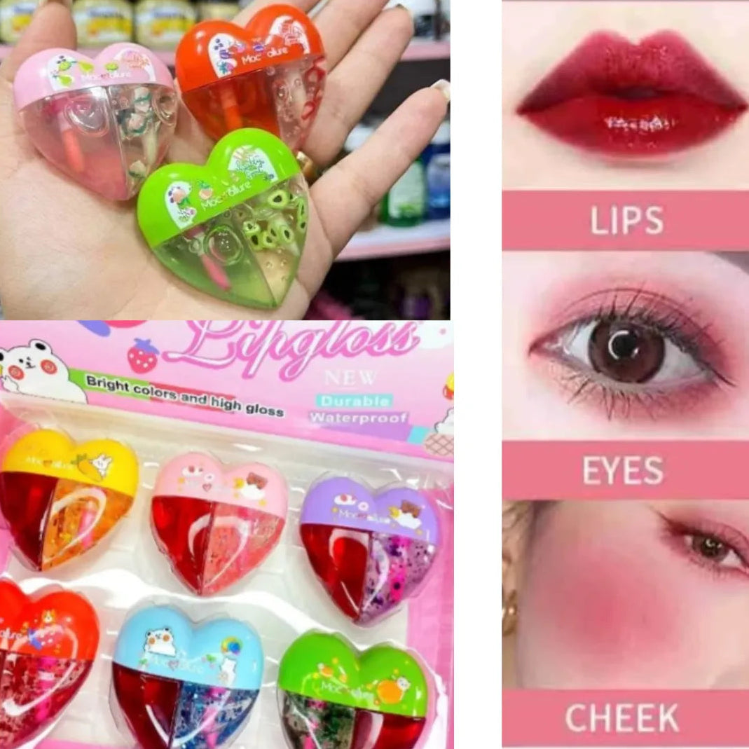 Mocallure Heart-Shaped Dual Lip Gloss & Glitter Pack - 6 Pcs