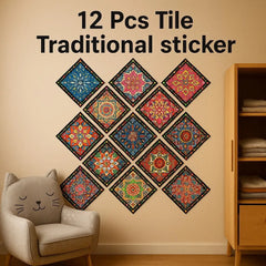 12-Pcs Traditional Mandala Tile Wall Stickers