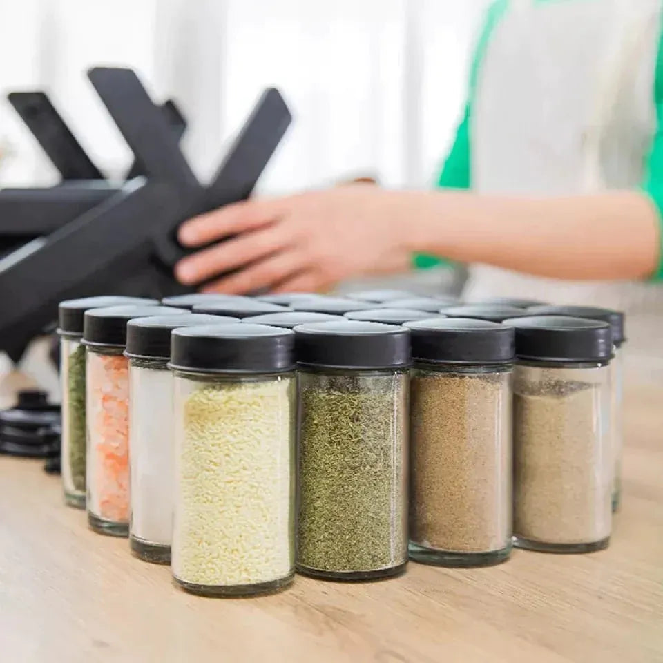 360° Rotating Ferris Wheel Spice Rack Organizer – 18 Pcs Glass Bottles