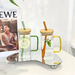 Modern Square Borosilicate Glass Cups with Colored Handles -400ml