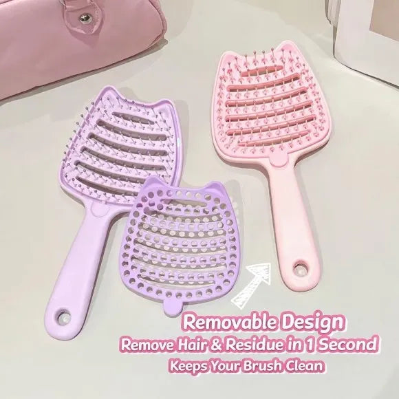 Cute Cat-Eared Hollow Out Detangling Hair Brush with Removable Base -Each