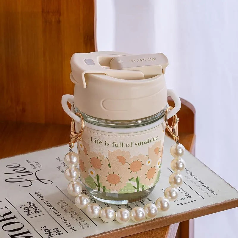 Cute Sunflower Glass Water Bottle with Detachable Pearl Chain - Each