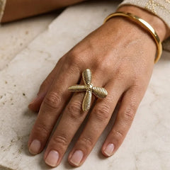 Gold Ribbed Cross Bow Ring