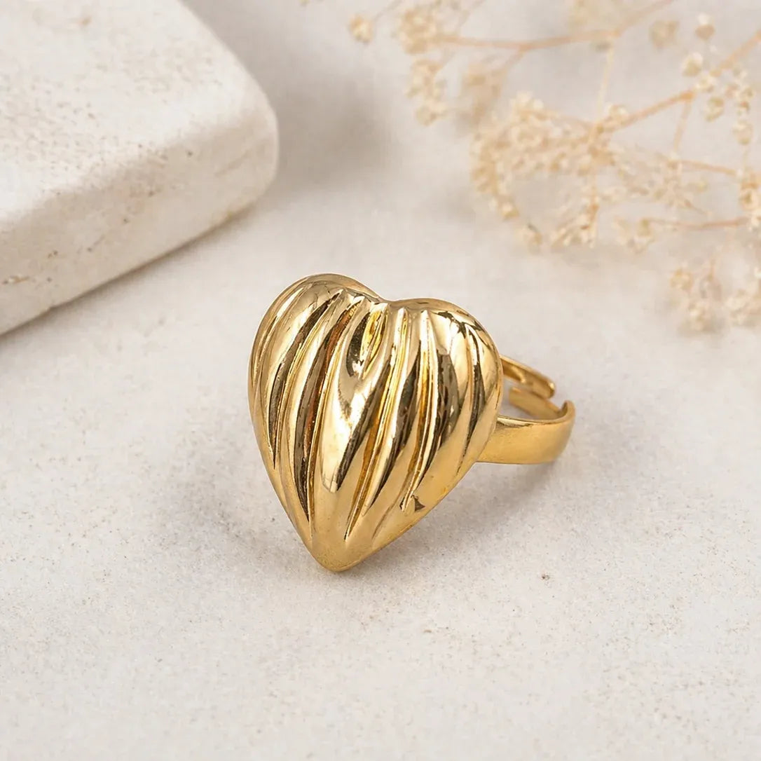Gold Fluted Puffy Heart Ring