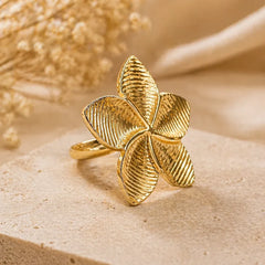 Gold Fine Grooved Plumeria Flower Ring