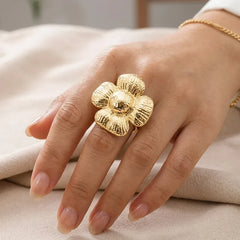 Gold Textured Four Petal Flower Ring