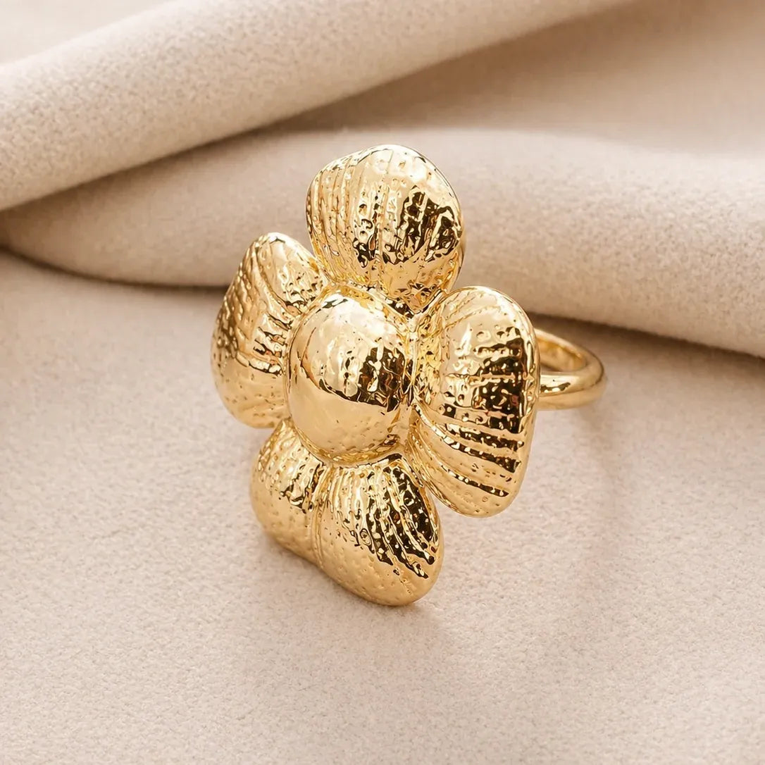 Gold Textured Four Petal Flower Ring