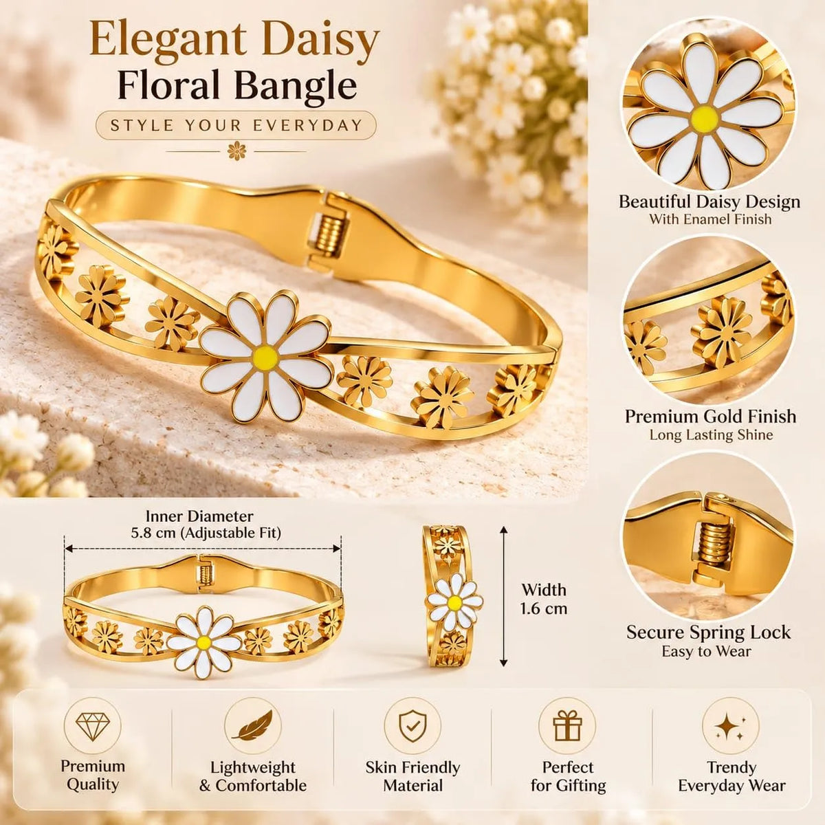 Golden Double Band Daisy Flower Bangle