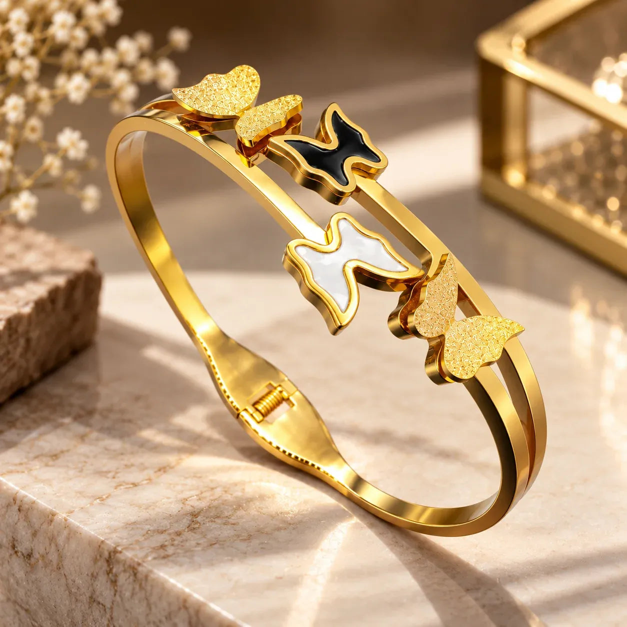 Gold Plated Multi Butterfly Enamel Bangle Bracelet