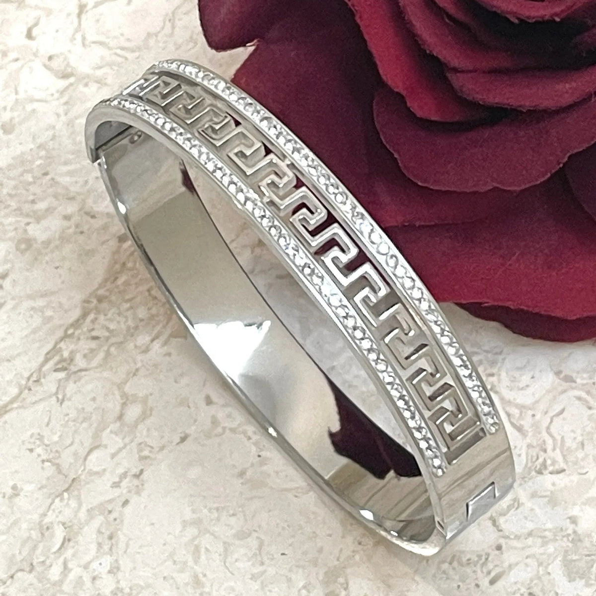 Stainless Steel Silver Greek Key Engraved Bangle Bracelet