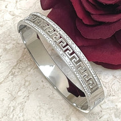Stainless Steel Silver Greek Key Engraved Bangle Bracelet