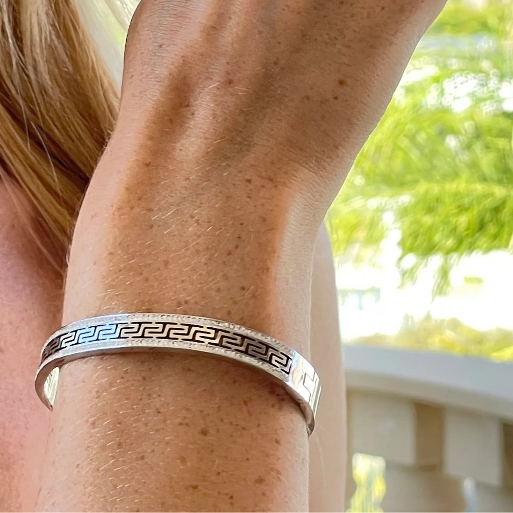Stainless Steel Silver Greek Key Engraved Bangle Bracelet