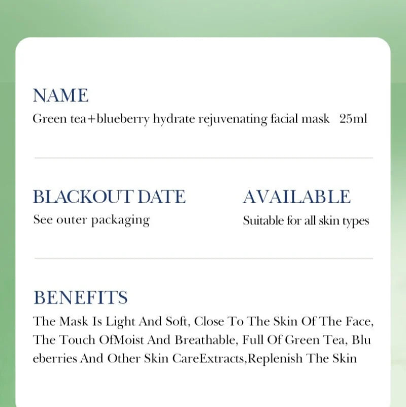 BIOAQUA Green Tea & Blueberry Hydrating Rejuvenating Facial Sheet Mask - 25ml - Each