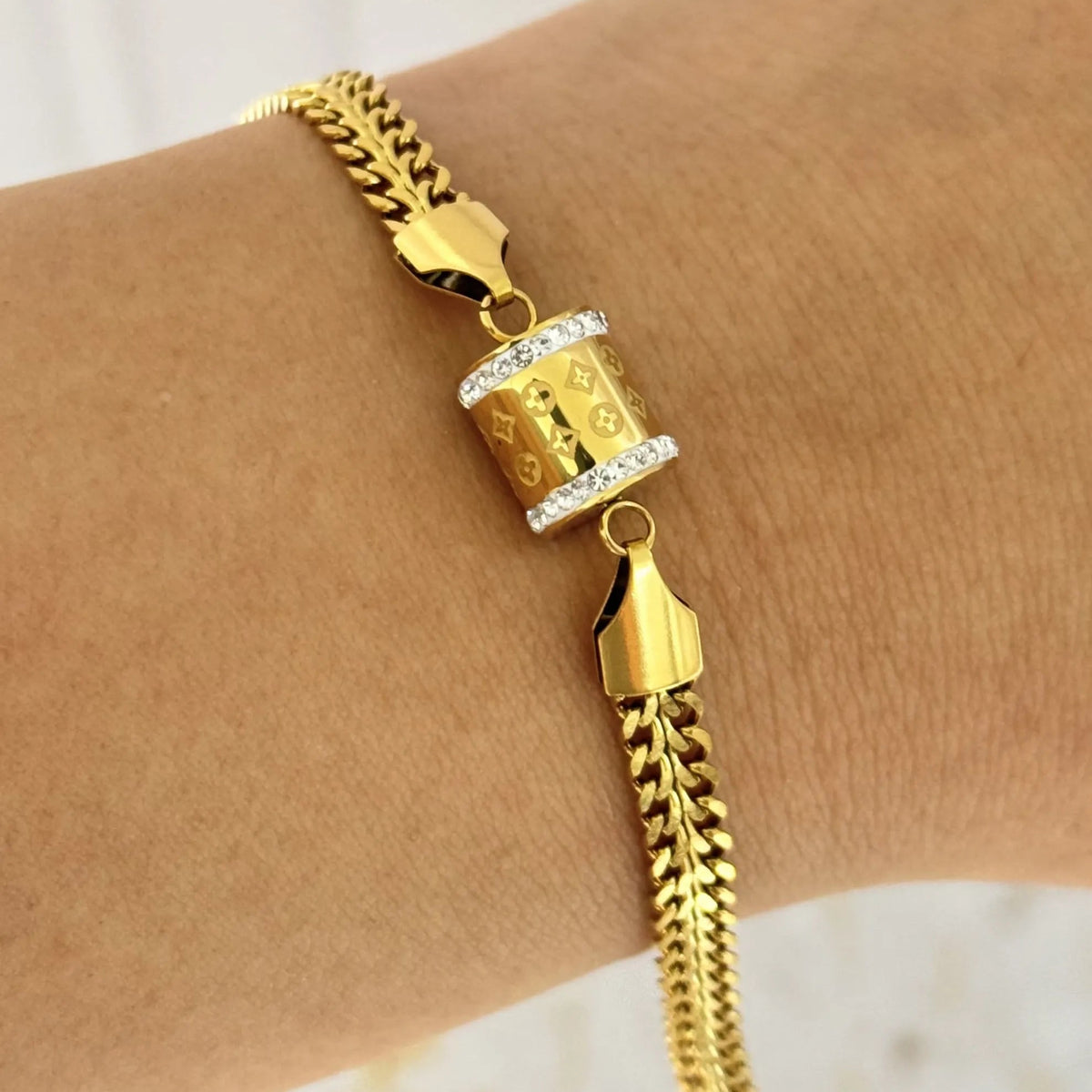 Gold Monogram Barrel Chain Bracelet