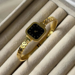 Gold Square Case Black Dial Mesh Bangle Watch