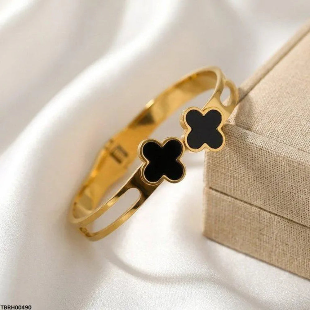 Gold Double Clover Black Open Cutout Bangle Bracelet