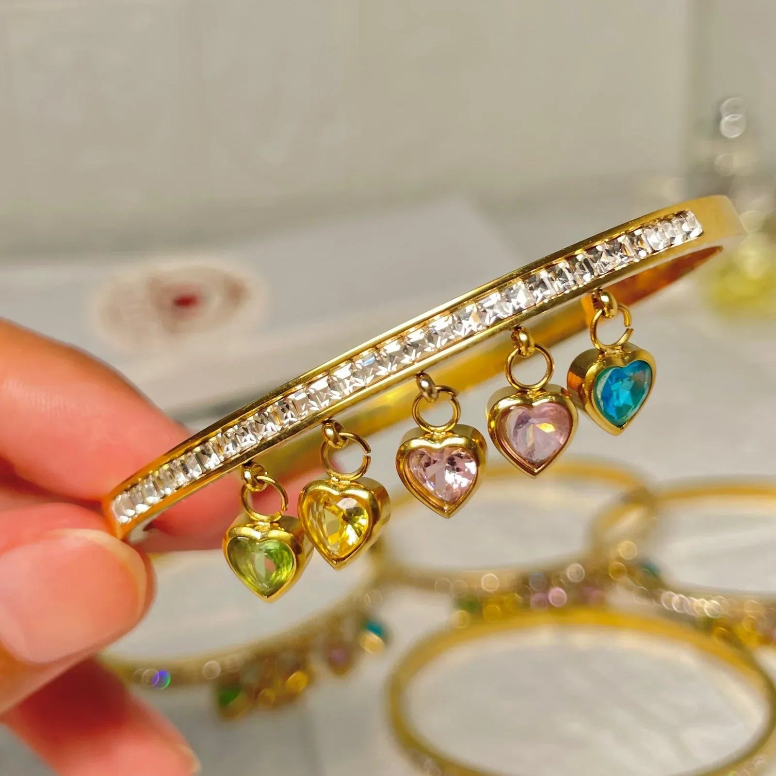 Gold Multicolor Crystal Heart Charm Bracelet