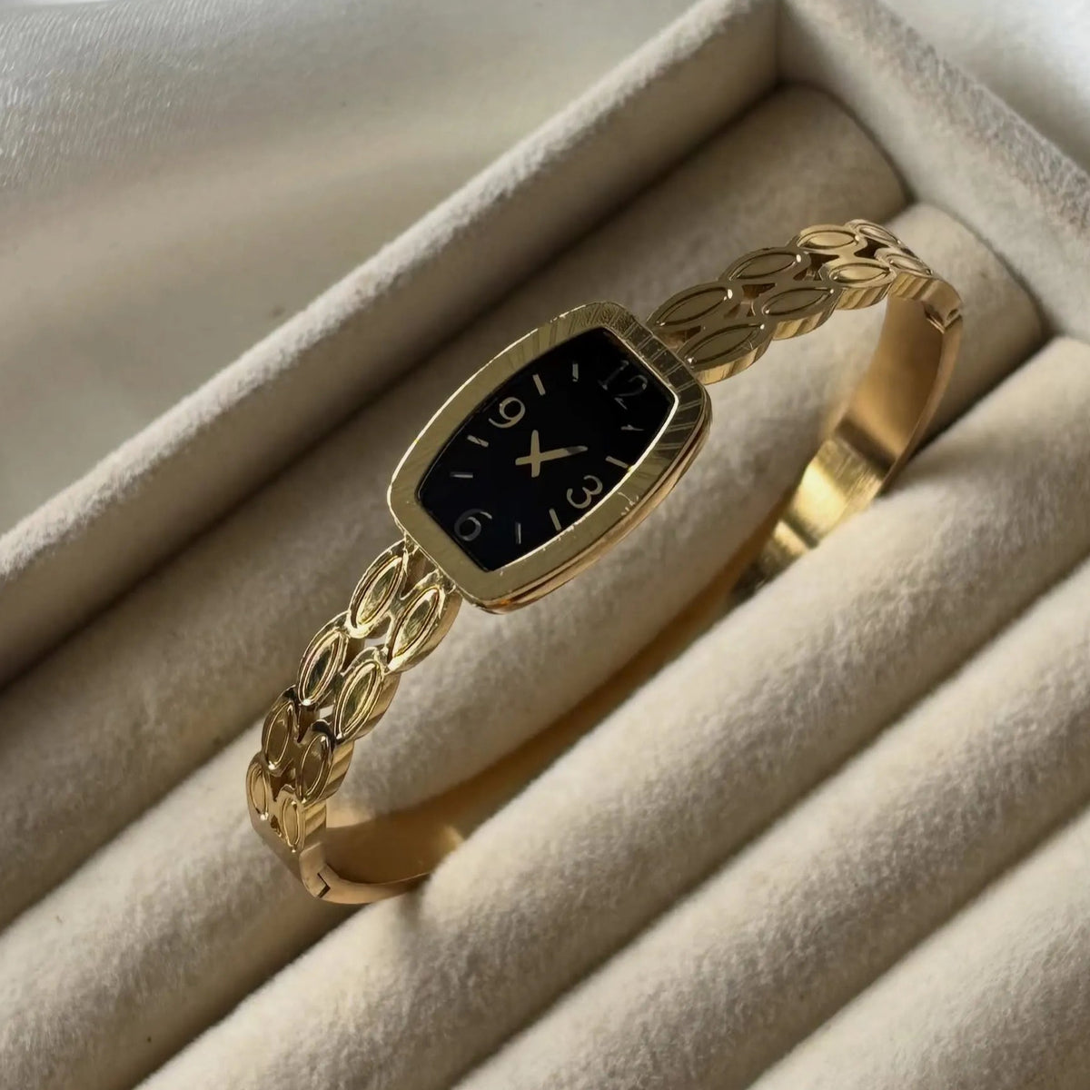 Gold Plated Tonneau Oval Case Black Dial Bangle Watch
