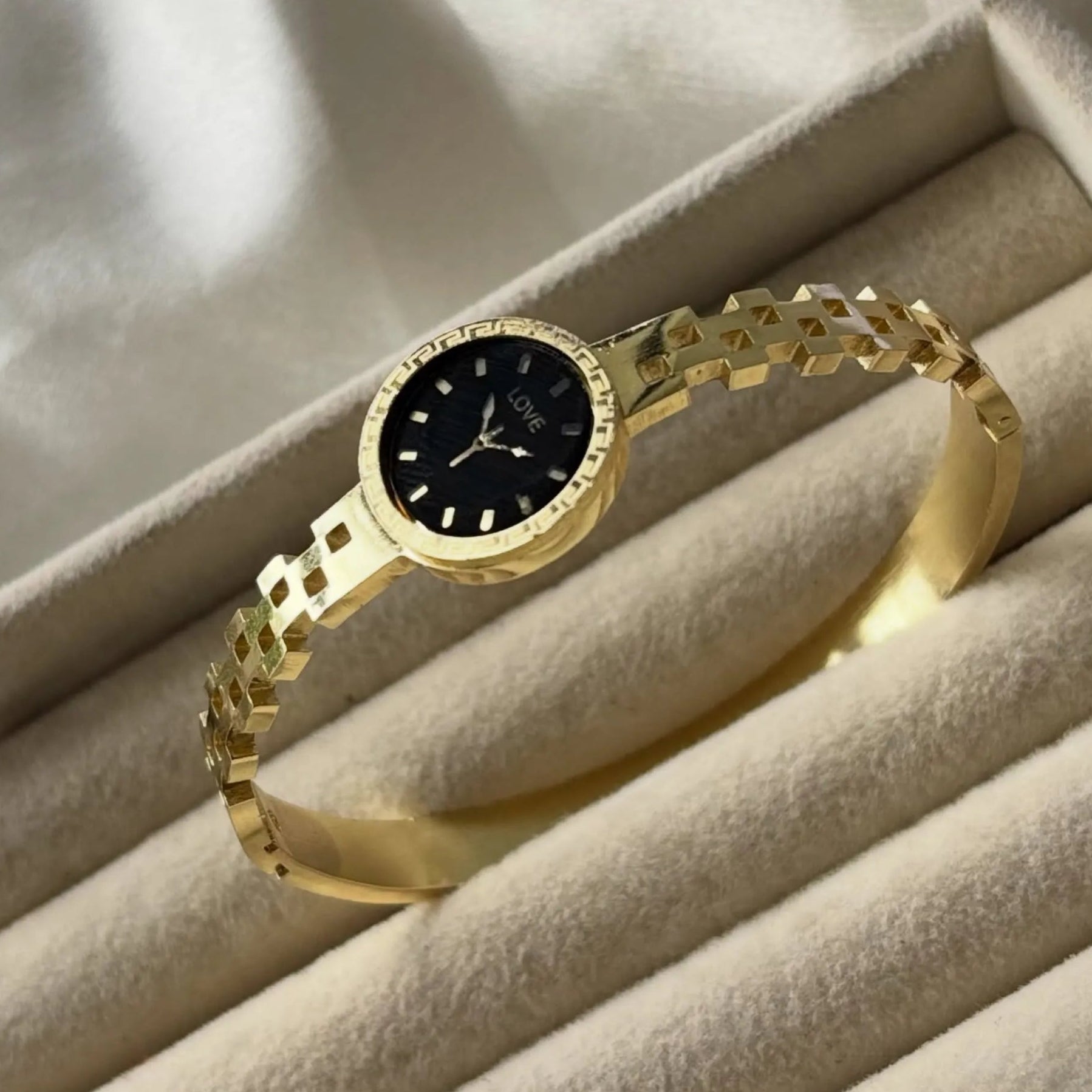 Gold Plated Black Dial Bangle Watch