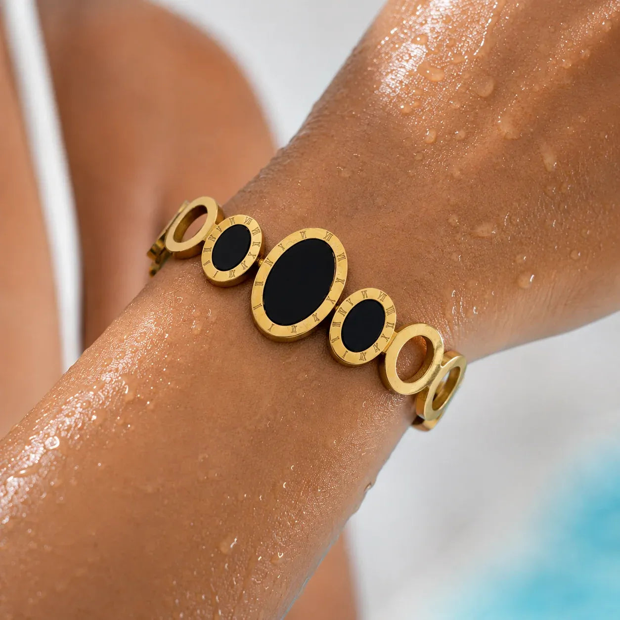 Gold Plated Roman Numeral Black Oval Bracelet