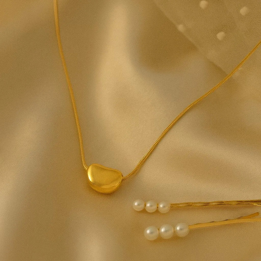 Gold Plated Smooth Bean Charm Chain Necklace