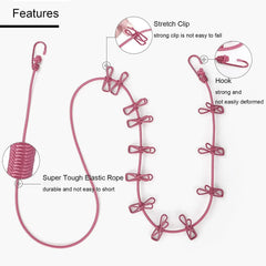 Multi Functional Portable Drying Rope with 12 Clips and 2 Hooks Travel Clothesline Rope
