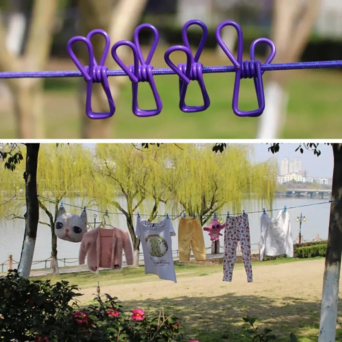 Multi Functional Portable Drying Rope with 12 Clips and 2 Hooks Travel Clothesline Rope