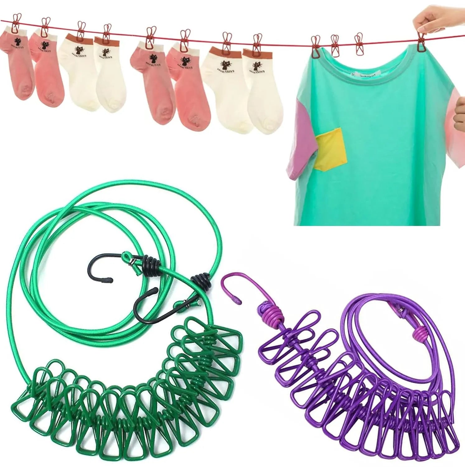 Multi Functional Portable Drying Rope with 12 Clips and 2 Hooks Travel Clothesline Rope