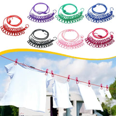 Multi Functional Portable Drying Rope with 12 Clips and 2 Hooks Travel Clothesline Rope