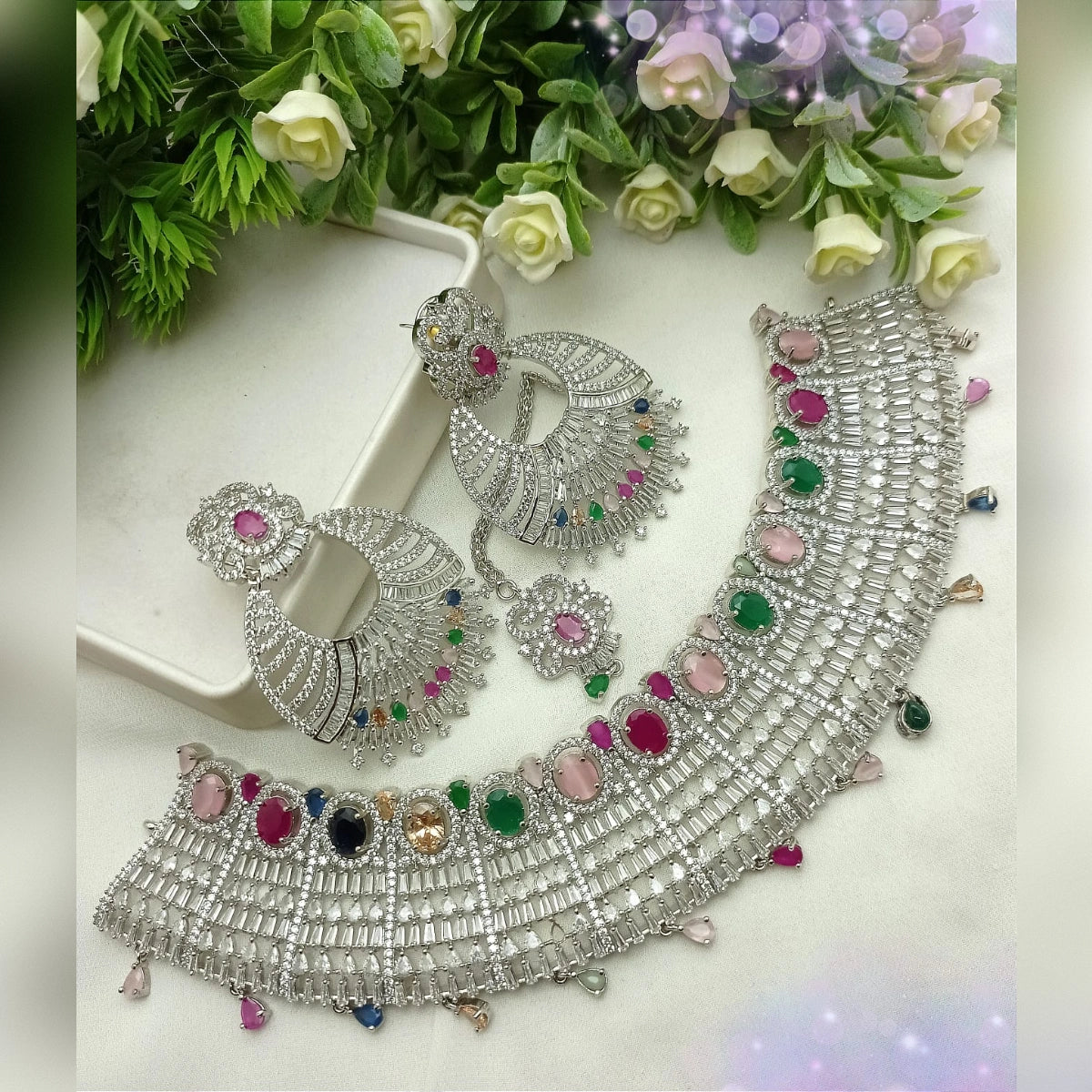 Zircon Necklace Set – Silver Multi Color Sparkle