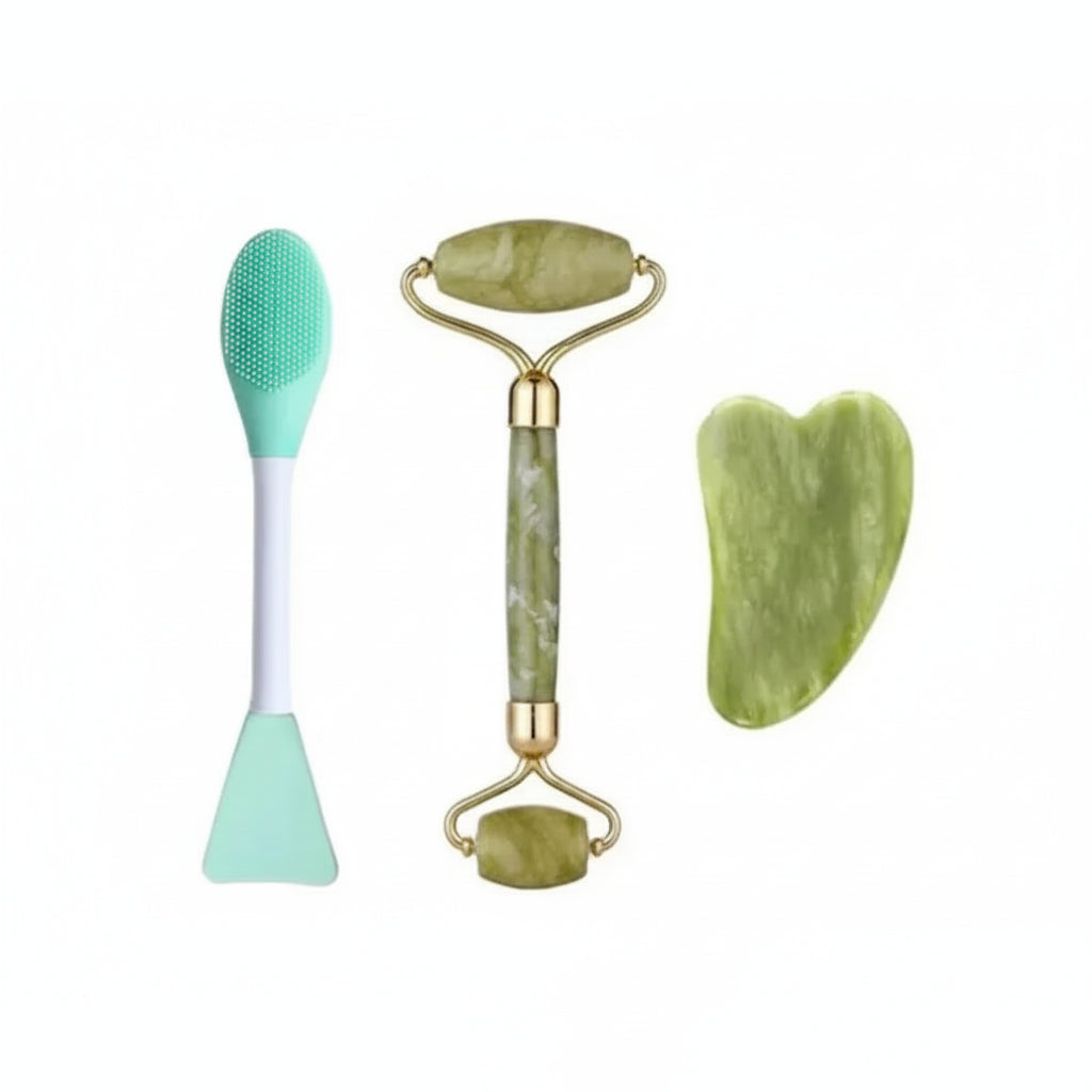 (Pack of 3) Jade Roller, Gua Sha & 2 in 1 Mask Brush and Massage Brush Set